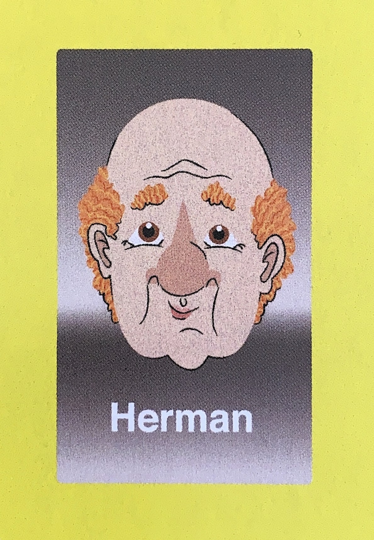  - Herman is the latest in a long line of proud plumbers. During a mid-life crisis he became disillusioned with snaking hairballs out of shower drains, and when buying a motorcycle didn’t make him feel better, he spontaneously auditioned to become a Guess Who?® face. Chosen for his combination of bald head, flame orange hair, and bulbous nose, he was as surprised as the rest of us when he was chosen. The fortune and fame made Herman uncomfortable, and helped him to realize that what he loved most was plunging a plunger into a potty plugged with poop. He gave most of his Guess Who?® money away and went back to his life as the bathroom wizard he was born to be. 